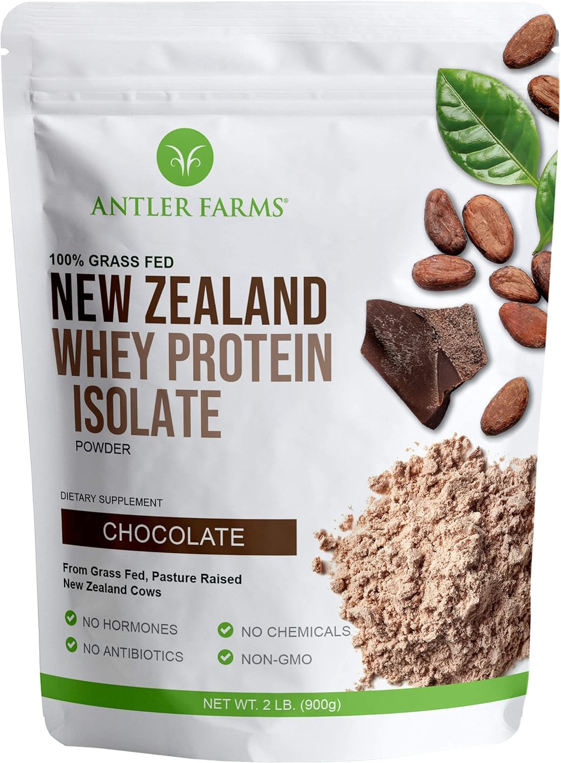 Antler Farms - 100% Grass Fed New Zealand Whey Protein Isolate, Chocolate Flavor, 30 Servings, 2 lbs - Delicious, Cold Processed, Rapidly Absorbed, Keto Friendly, NO-Hormones, NO-GMOs Pack of 2