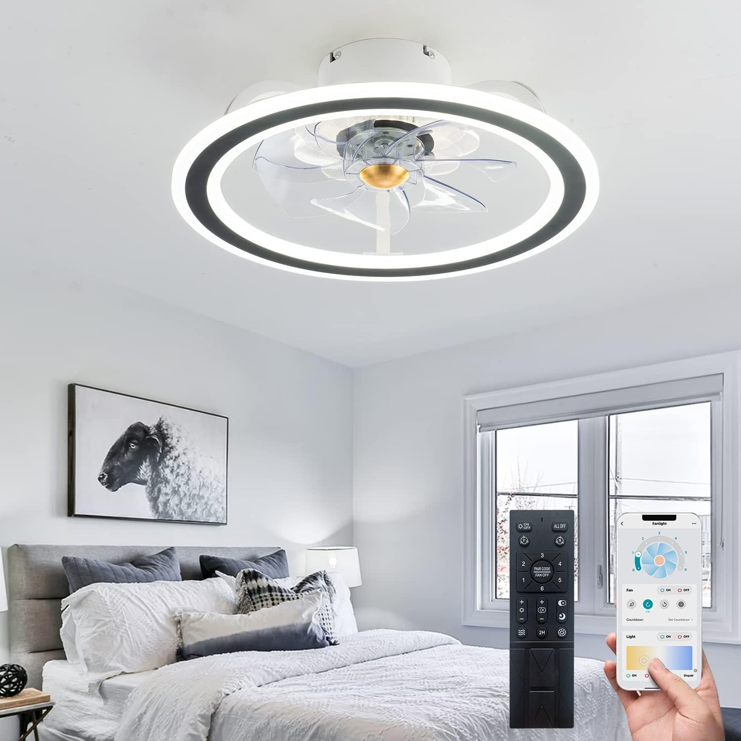 2022 Upgraded White Modern Indoor Flush Mount Ceiling Fan with Lights Remote Control, Remote & APP Control Low Profile Bladeless Ceiling Fans for Bedroom/ Living Room/ Small Space