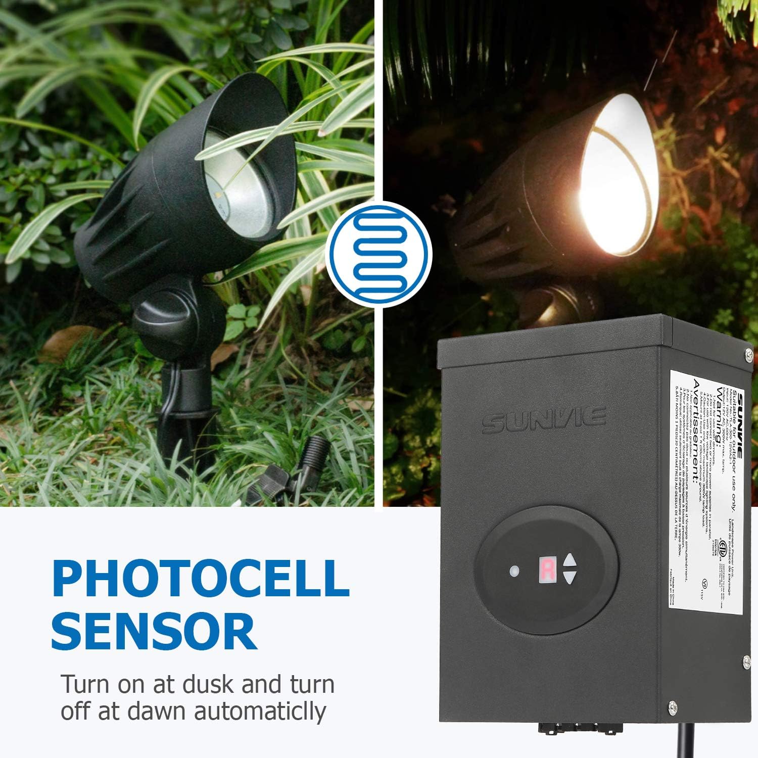 SUNVIE 300W Low Voltage Transformer for Landscape Lighting with Timer and Photocell Sensor Waterproof Power Supply for Landscape Lights Path Lights Outdoor Spotlight 120V AC to 12V /14V AC(ETL Listed)