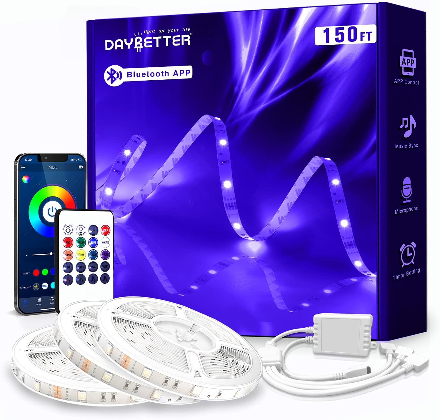 150ft Led Lights for Bedroom, DAYBETTER Smart Led Strip Lights with App Control and IR Remote, Music Sync 5050 RGB Led Light Strip for Home Decoration Pack of 2
