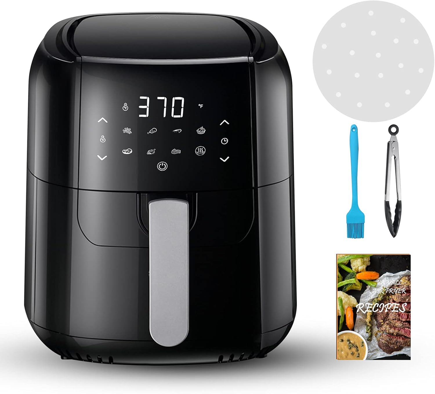 Air Fryer,6.0 QT XL 1400W Electric Hot Oven Cooker,Digital Touch Screen with 7 Presets - Fry,Bake,Roast,100 Recipes & 100pcs Liners,Temperature Control with Nonstick Basket,95% Oilless,Black