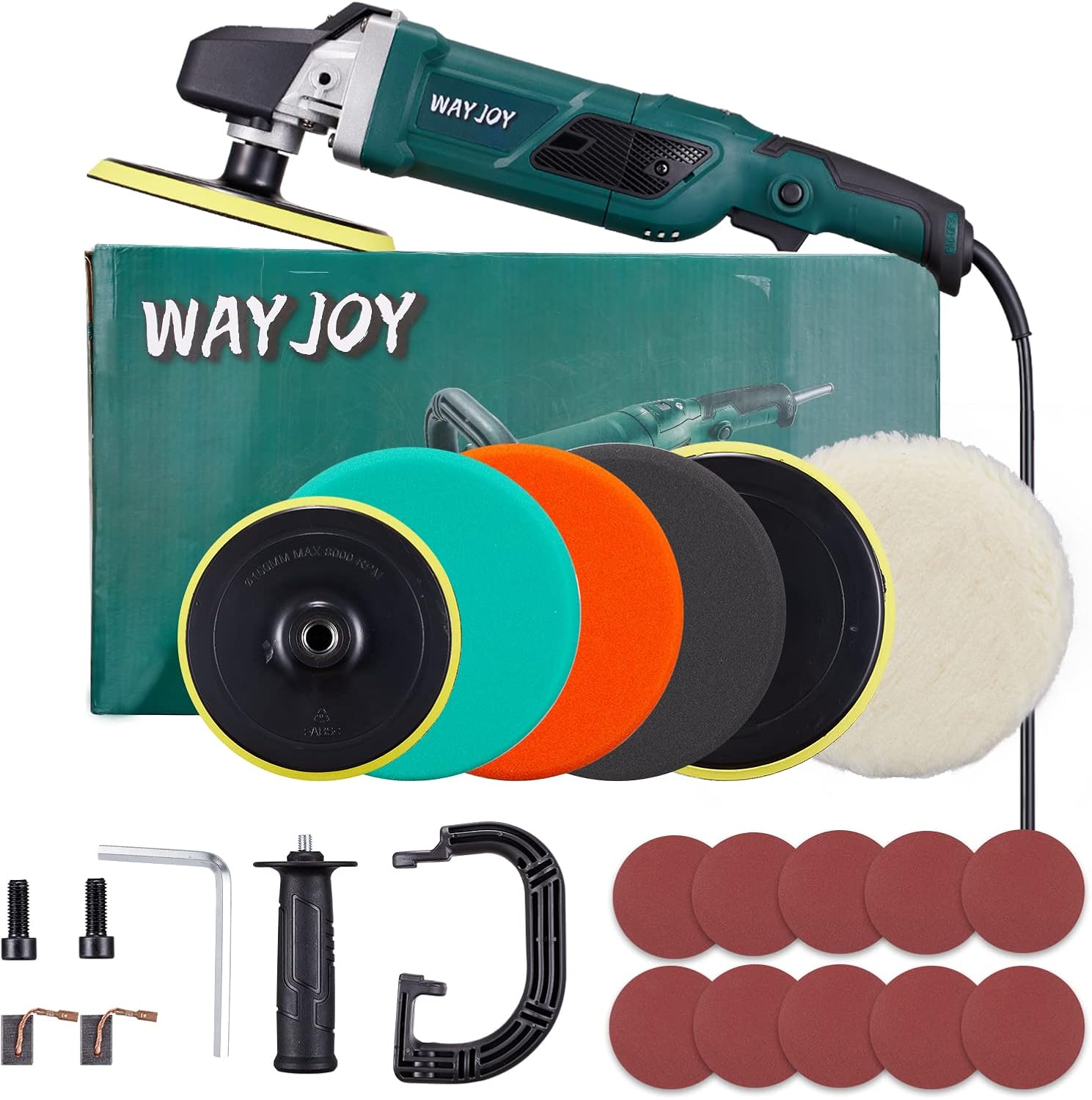 Buffer Polisher, Wayjoy 12.5A 1500W Rotary Car Polisher, 6-Speed Buffer Waxer with 6” and 7“ Backing Plate, Buffer Polisher with D & Side Handle and LCD Display, 4 Foam Pads