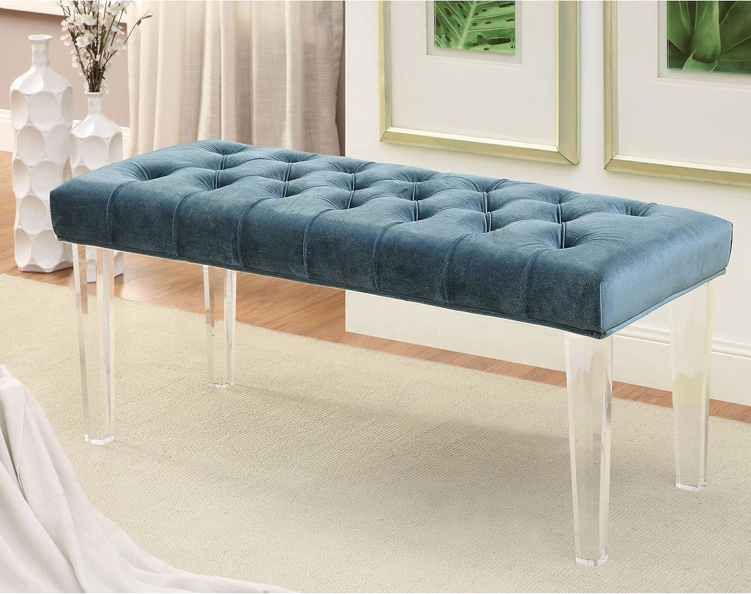 Furniture of America Brissa Glam Tufted Faux Velvet Microfiber Clear Acrylic Leg Bench Blue