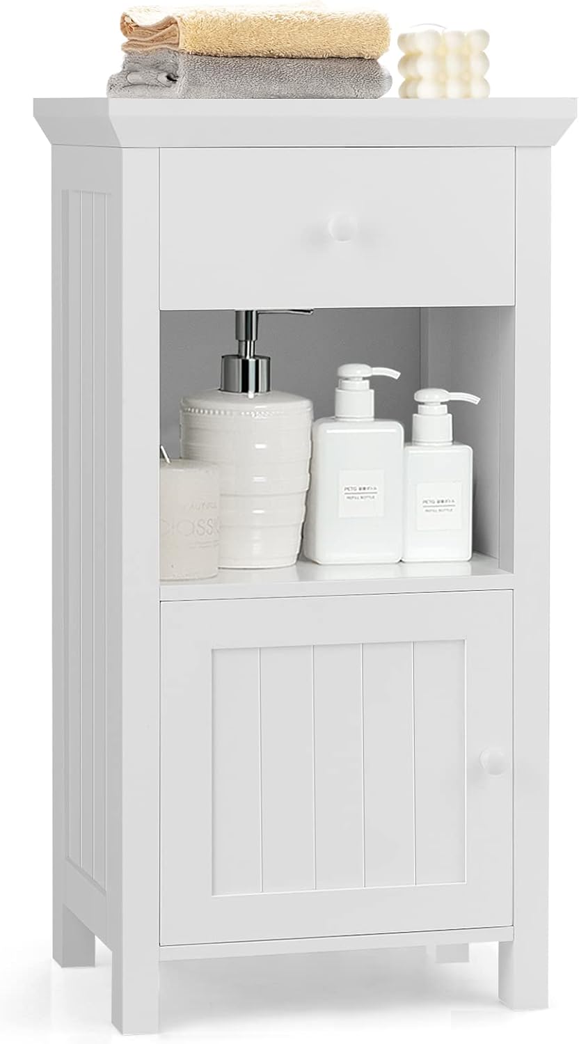 Tangkula Bathroom Floor Cabinet, Freestanding Wooden Cabinet with 1 Drawer & 1 Cabinet & 1 Open Shelf, Storage Cabinet for Bathroom Living Room Home Office, White Pack of 2