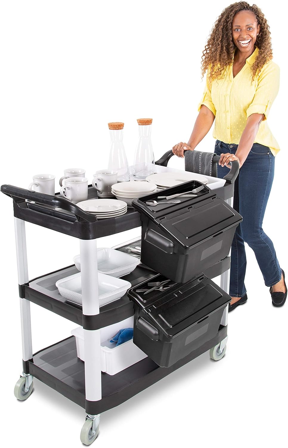 Tubstr 3 Shelf Service Cart with 2 Attachable Storage Bins | Large Utility Cart with Dual Handles Supports 300 lbs. | Great for Restaurant, Warehouse, Healthcare, School & More (Black / 40.25 x 19.75)