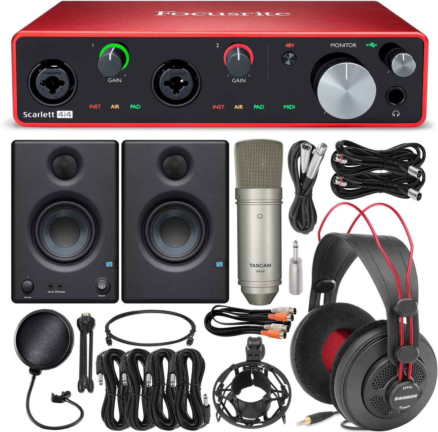 Focusrite Scarlett 4i4 USB Audio Interface (3rd Generation) + PreSonus Eris Nearfield Monitors, Tascam TM-80 Studio Microphone, SR860 Headphones, and Extensive Studio Package
