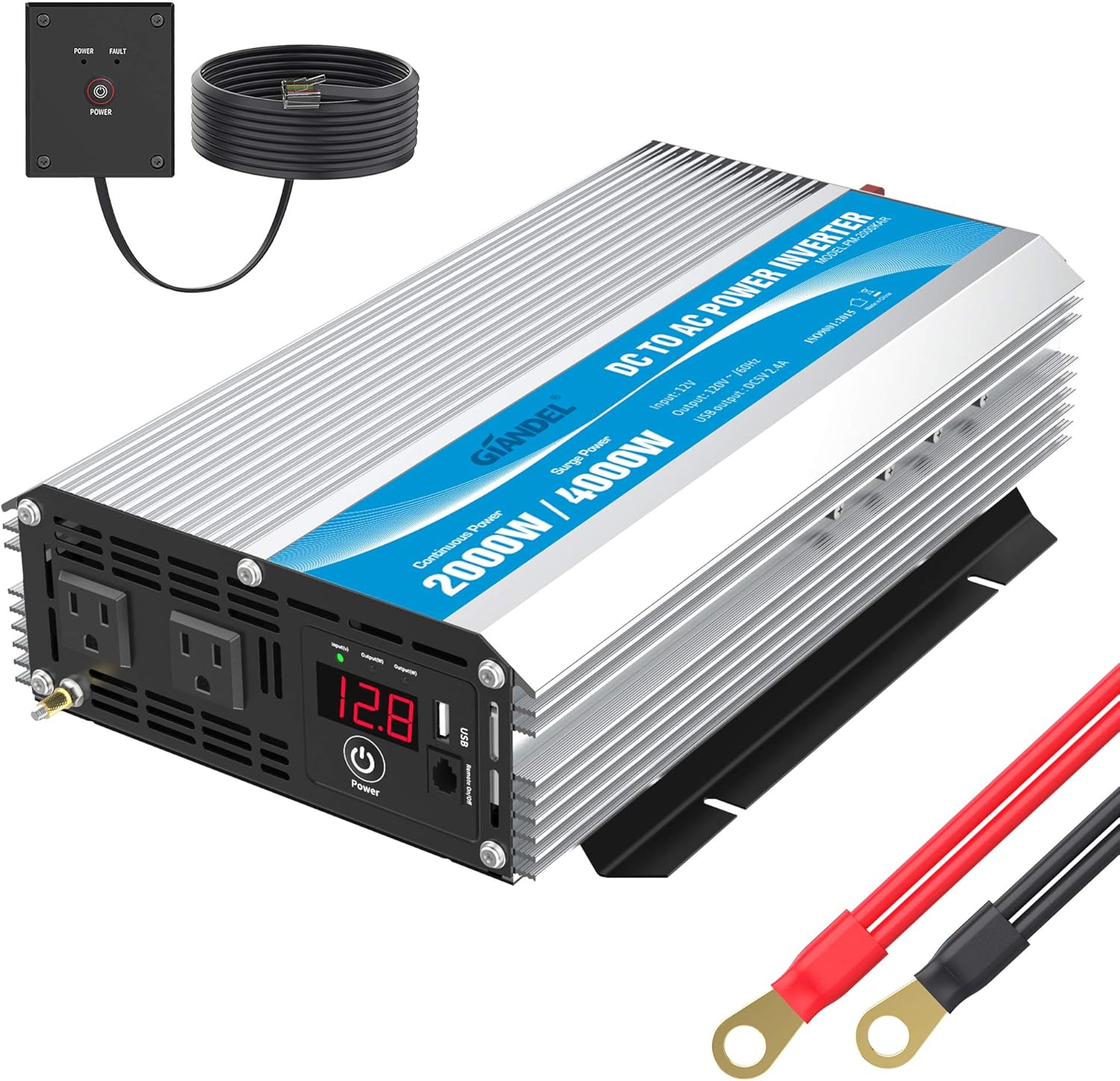 GIANDEL 2000W Power Inverter Modified Wave 12 Volt DC to 110V 120V AC with Remote Control and LED Display Dual AC Outlets & USB Port for RV Truck Boat