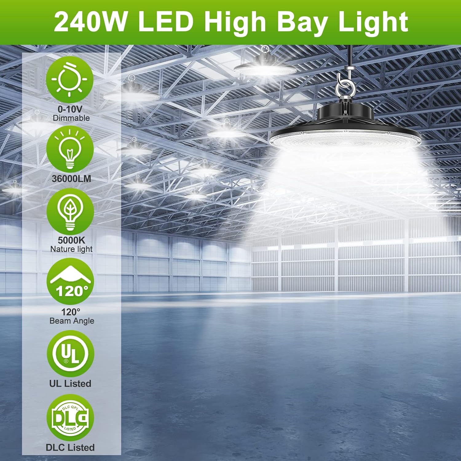 High Bay Light,240W UFO LED Light 36000lm (1000W HID/HPS Equiv.)UL/DLC Listed, 0-10V Dimmable,6ft Cable,5000K, IP65 Waterproof, Commercial Warehouse Lighting Fixture for Workshop, Garage, Factory