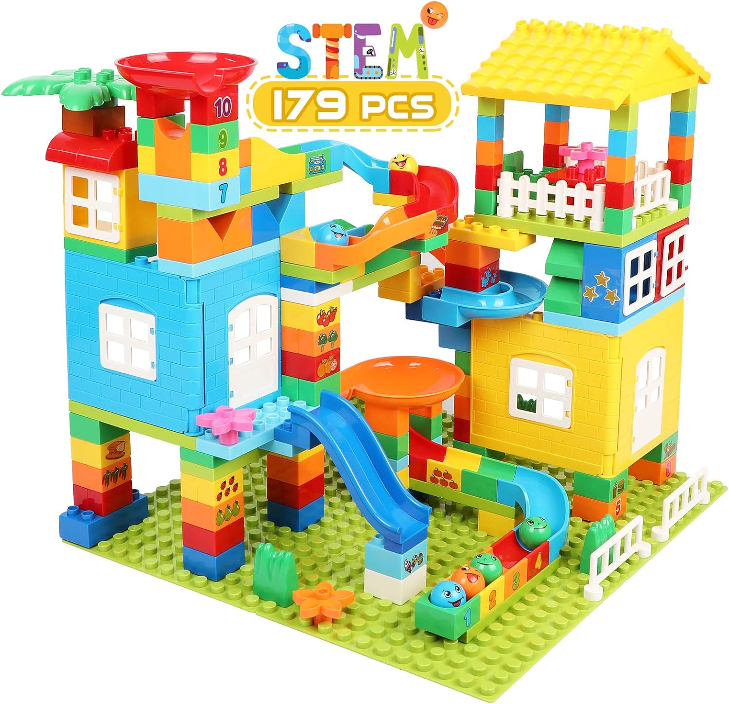 Kids Building Block Set Marble Run Classic STEM Building Toys 179 Pcs Castle Building Bricks Race Track Boys Girls Construction Roller Coaster with 6 Balls and Slide for Toddler Gift Age 3+