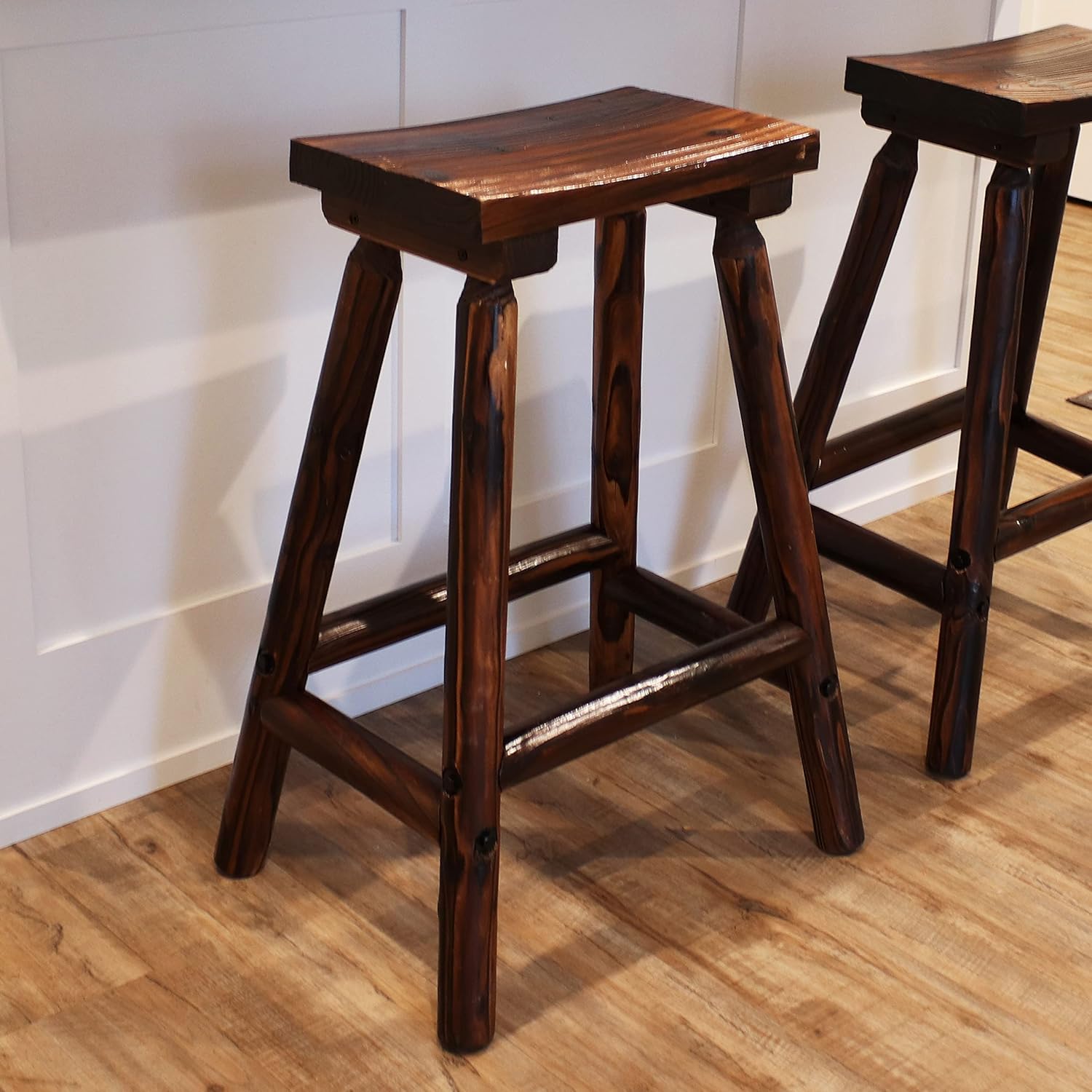 Sunnydaze Provincial Rustic Wood Bar Stool - Rustic Wooden Backless Saddle Stool - Fir Construction with Charred Finish and Clear Lacquer - Perfect for Kitchen, Bar or Patio - 28