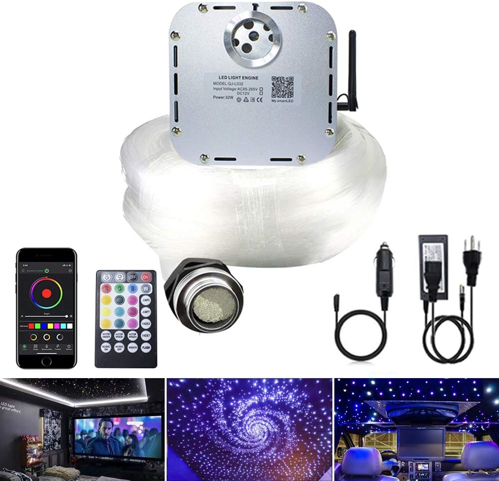 AKEPO Car Home Use 32W RGBW Twinkle+ Sound Activated+ APP Fiber Optic Lights Kit Star Ceiling Sky Light with Total 800pcs in 13.1ft/4m + 9.8ft/3m Long Optical Fiber Cable for Indoor or Interior Decor