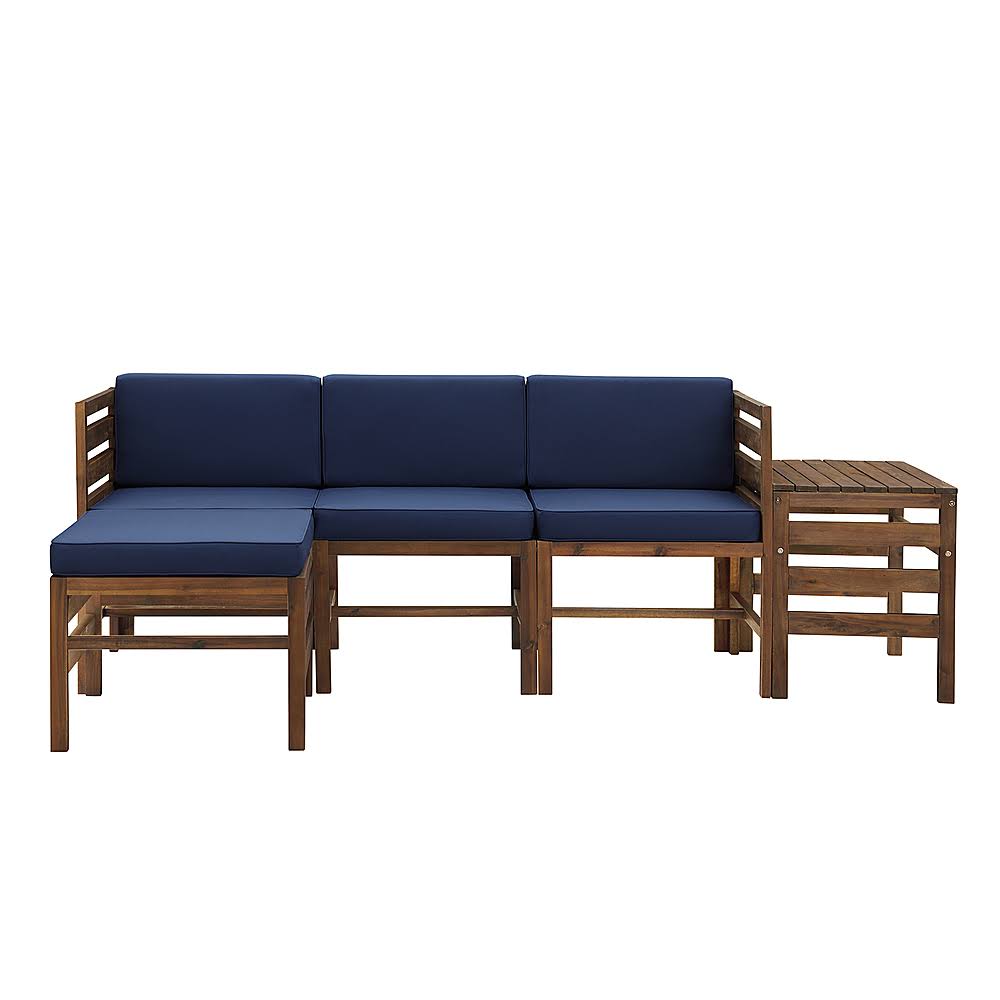 Walker Edison - Modern 5 Piece Solid Acacia Wood Patio Chat Set - Dark Brown/Navy Blue