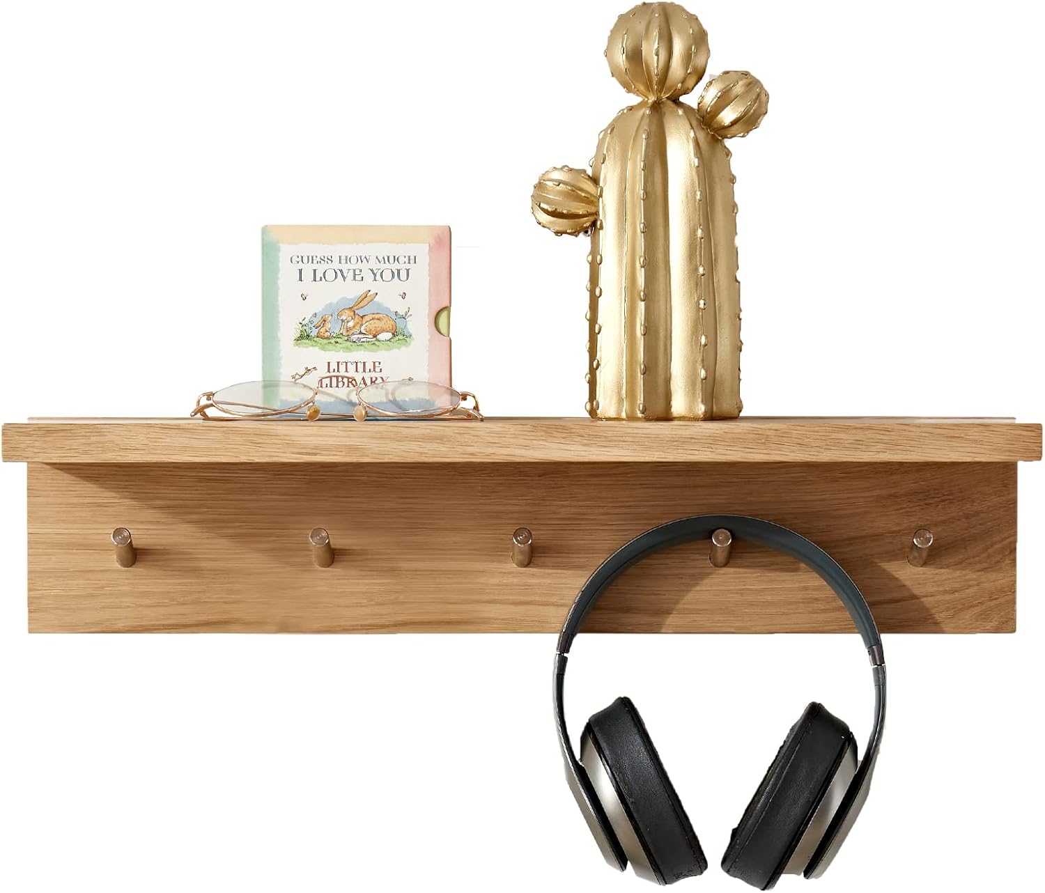 INMAN Coat Hooks Wall-Mounted with Shelves, 5 Vintage Metal Hooks, Storage Racks at The Entrance of The Village Wood, for Bathroom, Kitchen, Cloakroom (Walnut) Pack of 2