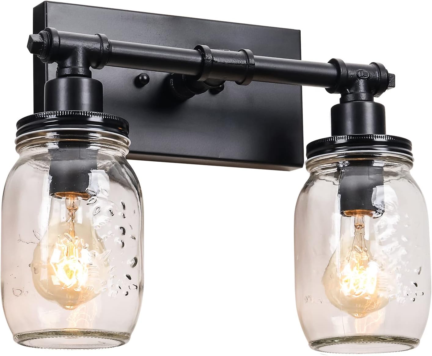 Bathroom Black Vanity Light Fixtures, 2 Light Mason Jar Vanity Light Farmhouse Industrial Vintage Wall Sconce Light Kitchen Pipe Wall Mount Lamp