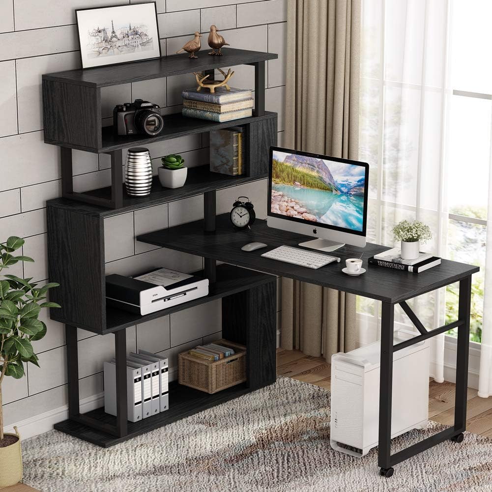 Tribesigns Rotating Computer Desk with 5 Shelves Bookshelf, Modern L-Shaped Corner Desk with Storage, Reversible Office Desk Study Table Writing Desk with Wheels for Home Office (Black)