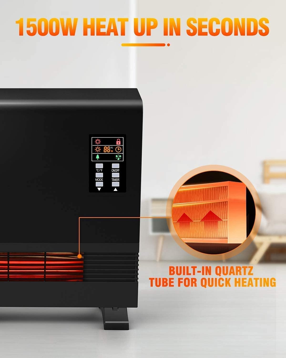 Sunday Living Electric Space Heater, 1500W Infrared Space Heater, Wall Mount or Freestanding, Adjustable Thermostat, Remote Control, 12-H Timer, Quick Heat Wall Heater for Large Room, Bathroom, Garage, Bedroom