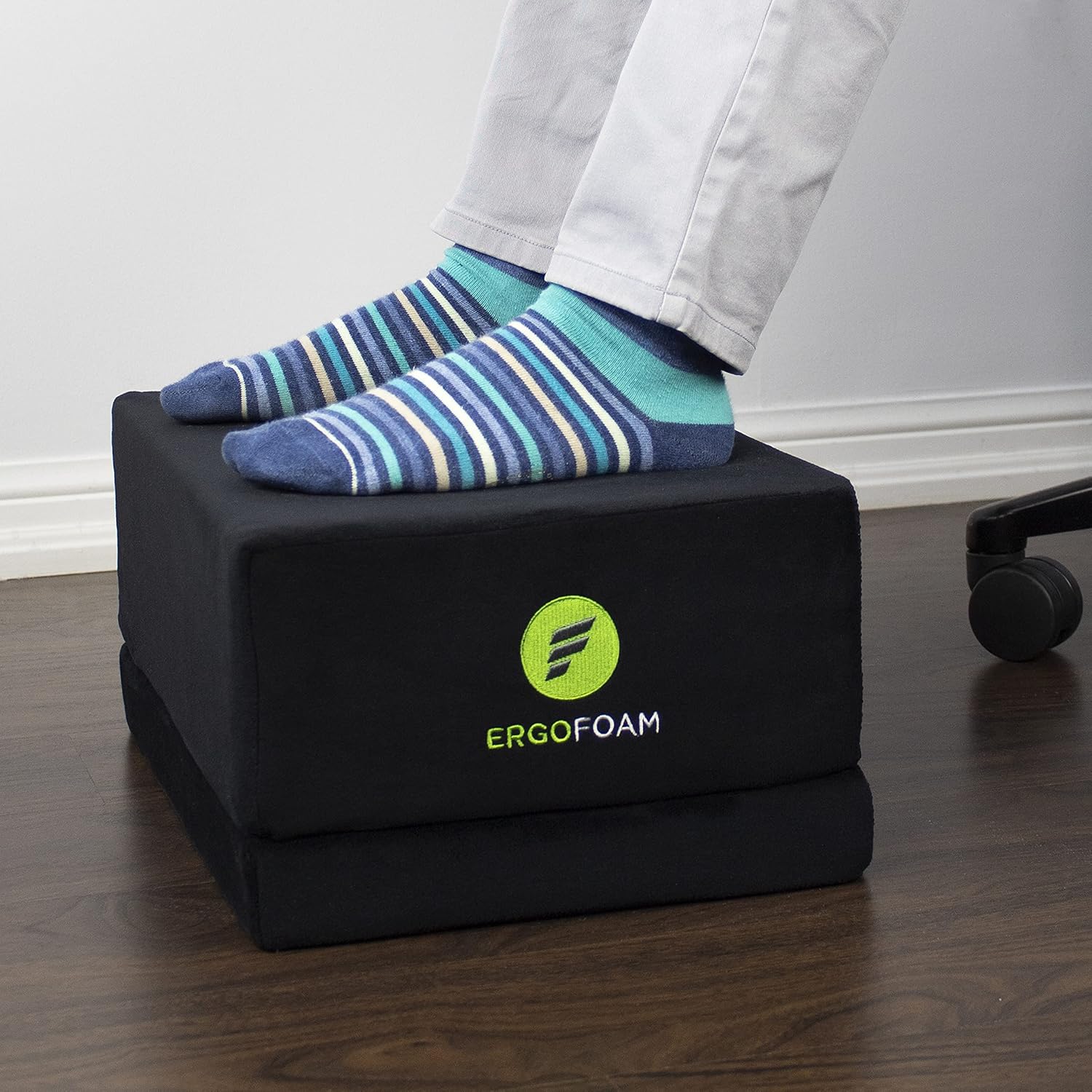 ErgoFoam XL Foot Rest for Stools and High Chairs - Adjustable Foot Rest for Added Height - Extra Large Premium Velvet Soft Foam Footrest (Black)