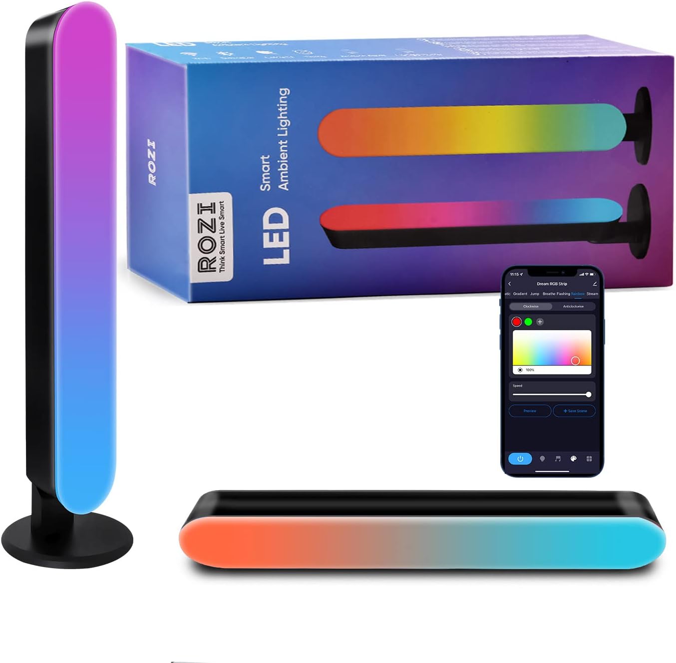 ROZI Smart LED Light Bars, RGBIC Gaming Ambiance Light Bar Compatible with Alexa & Google Assistant, TV Backlights with Scene Modes and Music Modes for Gaming, PC, Party, Room Decoration - 2.4GHz WiFi Pack of 2