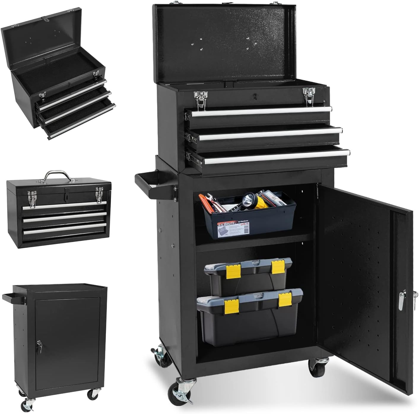 3-Drawer Domestic Rolling Tool Chest, 2 in 1 Detachable Tool Box, Portable Tool Chest with 4-Wheel and 2-Lock, High-Capacity Tool Storage Cabinet, Suitable for Home, Workshop,and Garage (cool black)