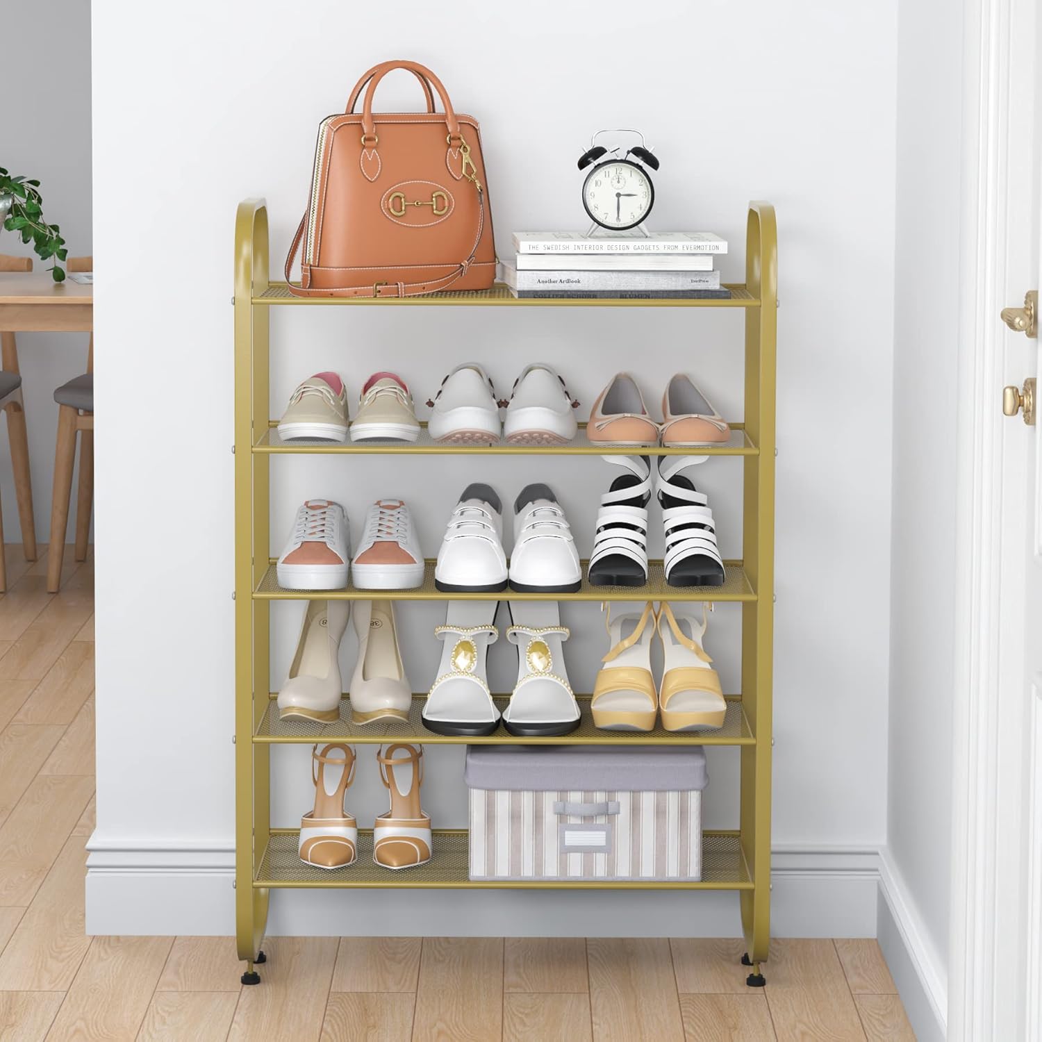 UDEAR 5-Tier Shoe Rack,Metal Mesh Light Luxury Style Shoes Storage Organizer Shelf,Room,Entrance,Bathroom,Kitchen,Clothing Store,Gold