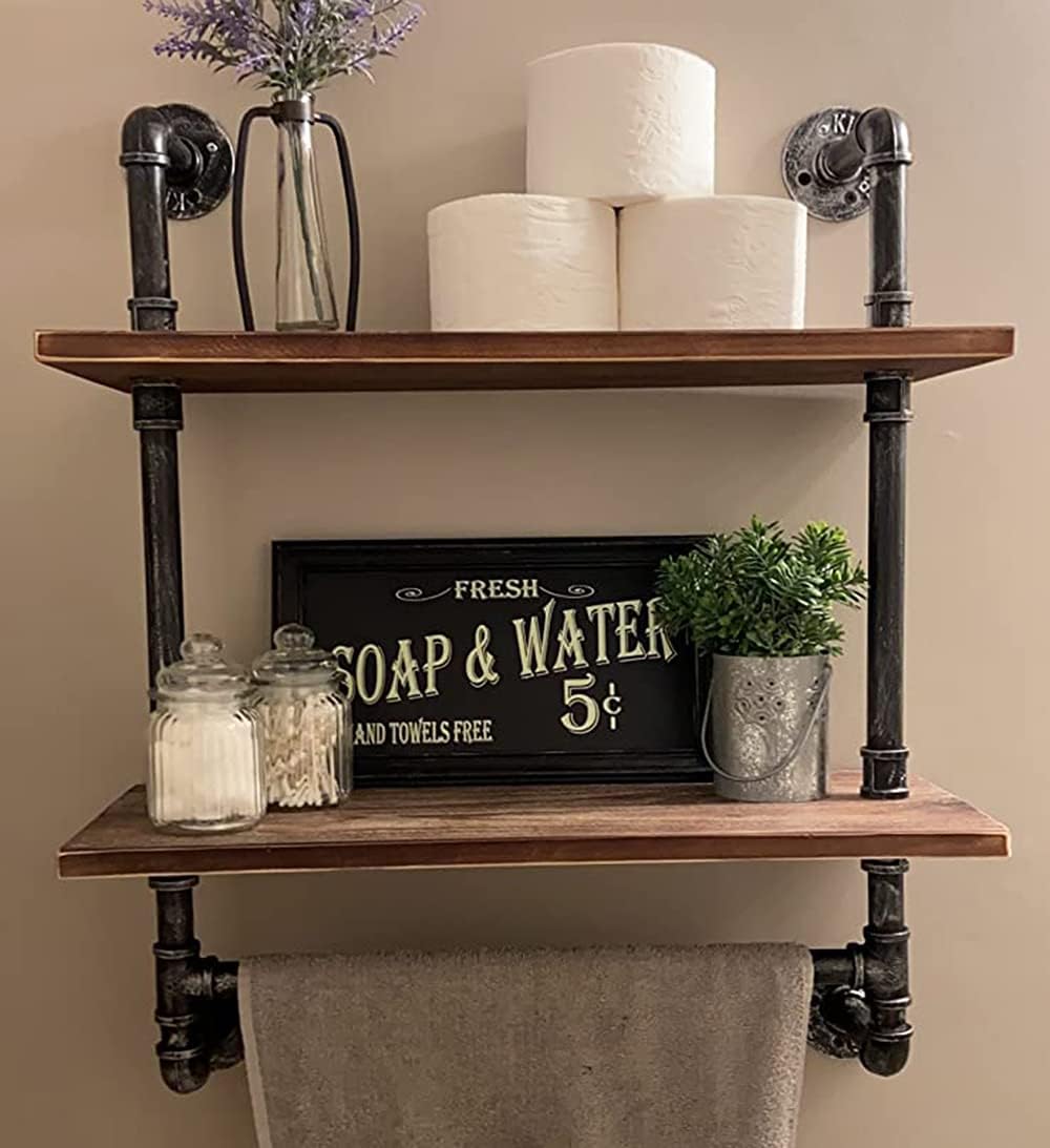 Industrial Pipe Shelf Rustic Wall Shelves with Towel Bar 24