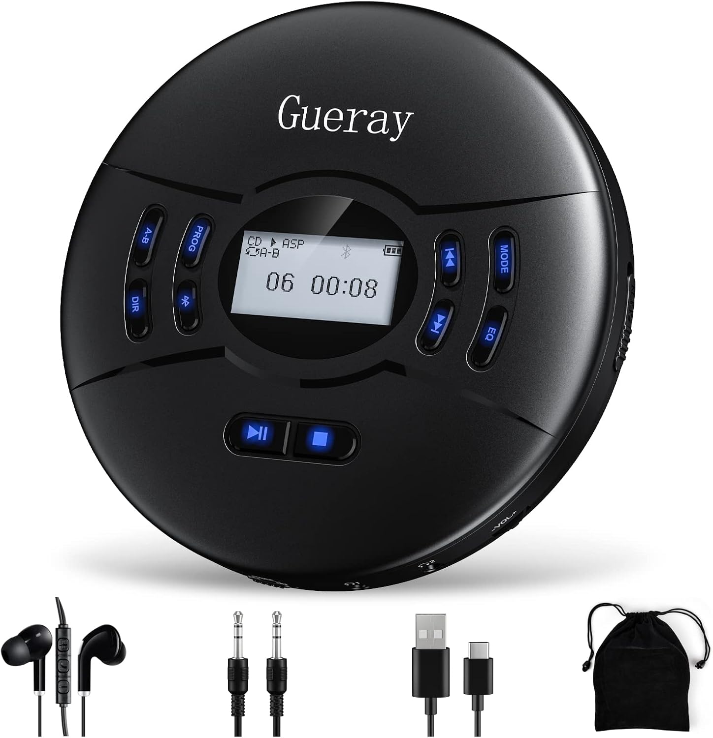 Gueray Portable CD Player with Bluetooth Rechargeable 2000mAh Battery Personal CD Player Support TF Card Memory Function Hold Switch ASP LCD Display Dual Earphone Ports with AUX Cable Pack of 2