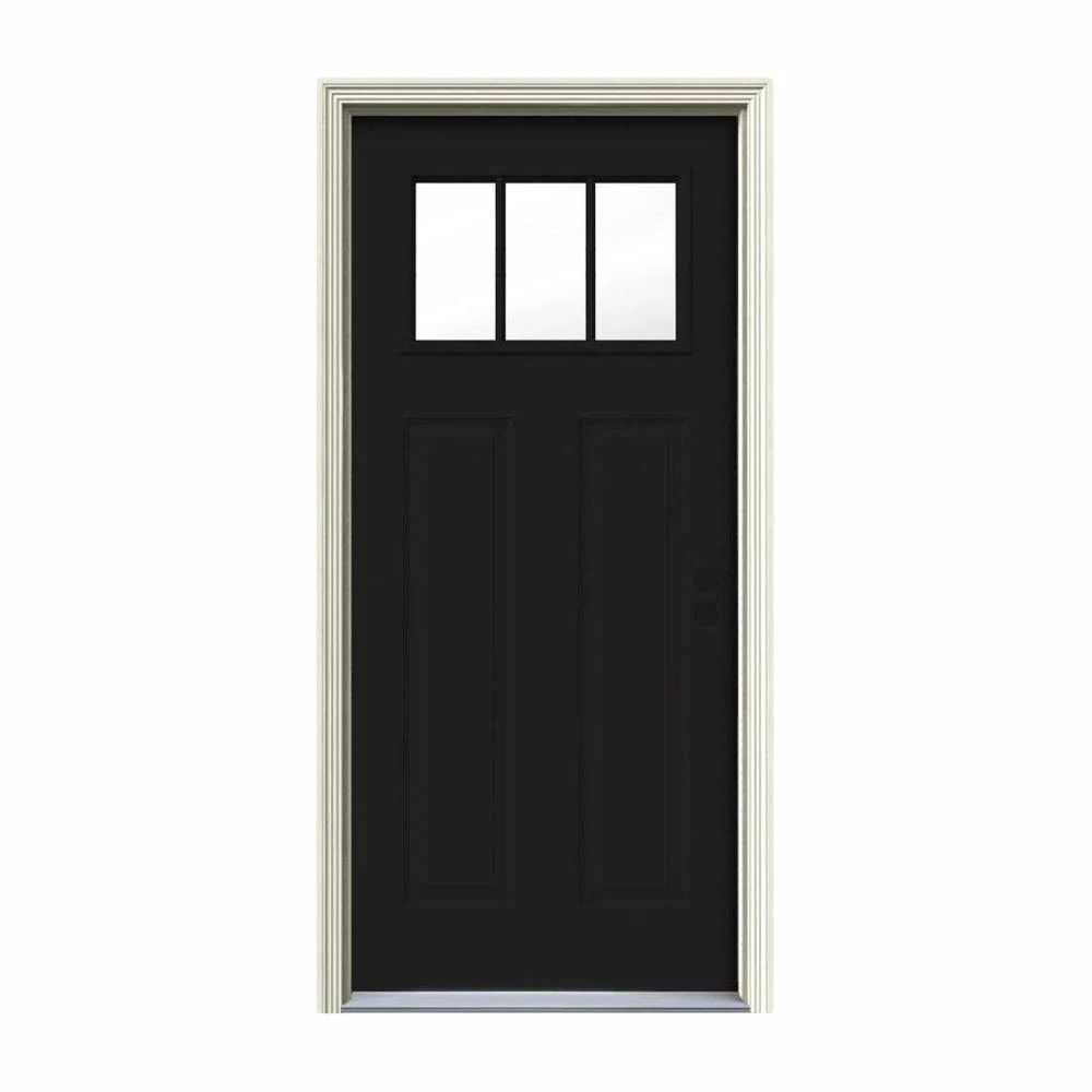 JELD-WEN 34 in. x 80 in. 3 Lite Craftsman Black Painted Steel Prehung Left-Hand Inswing Front Door w/Brickmould