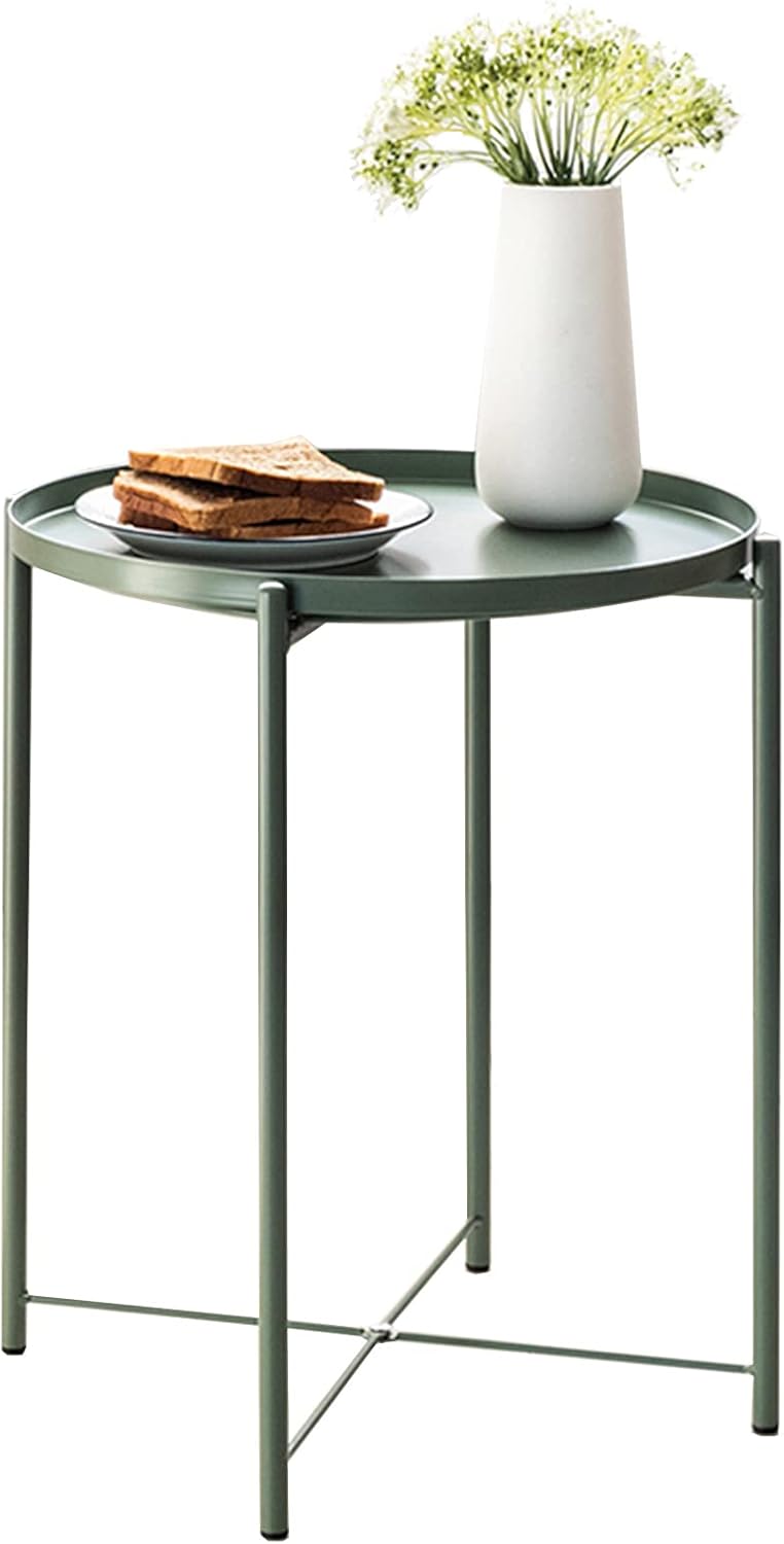 Sufesa Side Table Round Metal Green - Small Round End Table with 2 Removable Trays for Living Room Bedroom Pack of 2