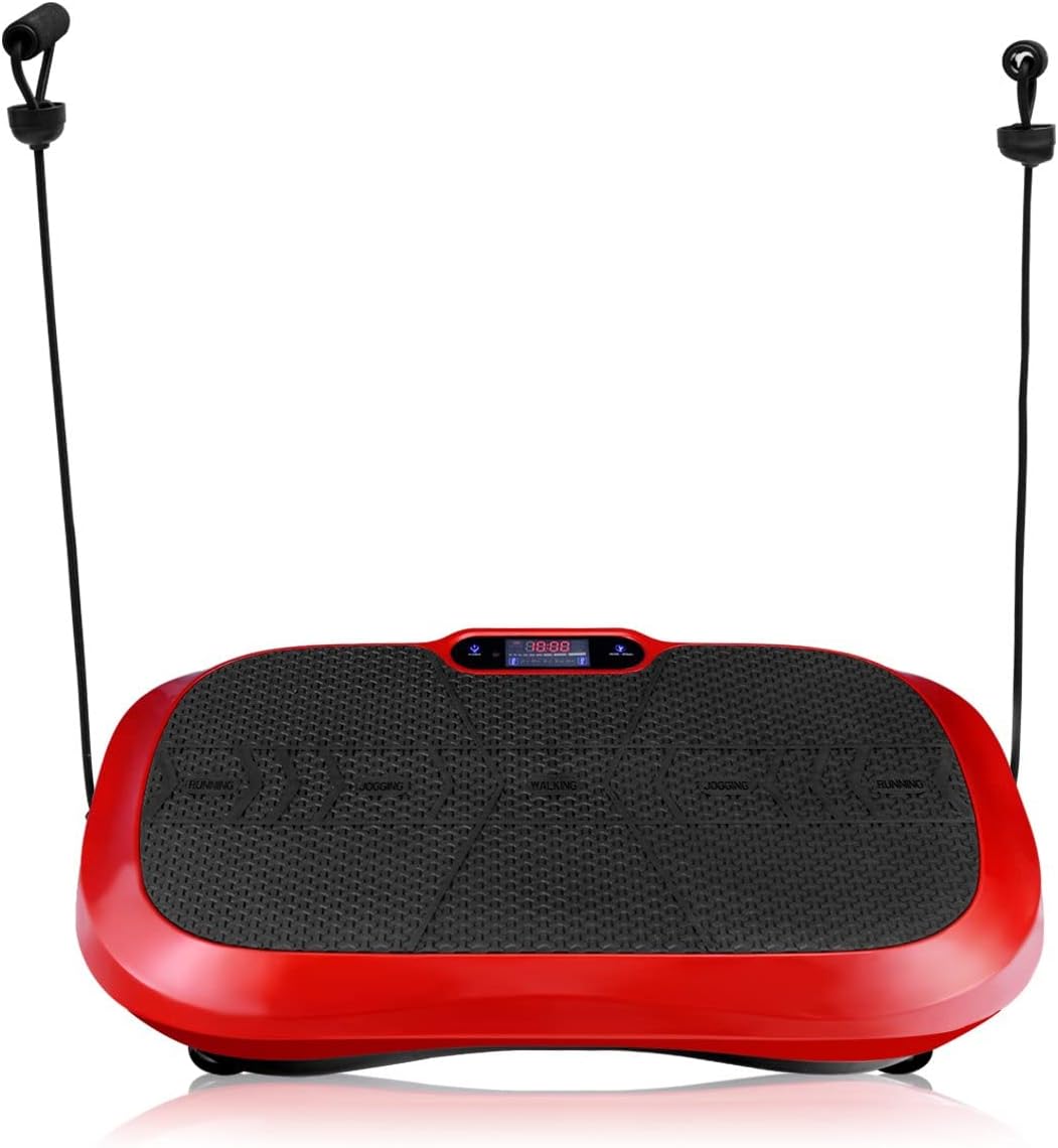 Goplus Fitness Vibration Machine Ultrathin Power Plate Full Body Shape Exercise Machine with Bluetooth Remote Control & Resistance Bands Vibration Workout Trainer (Red)