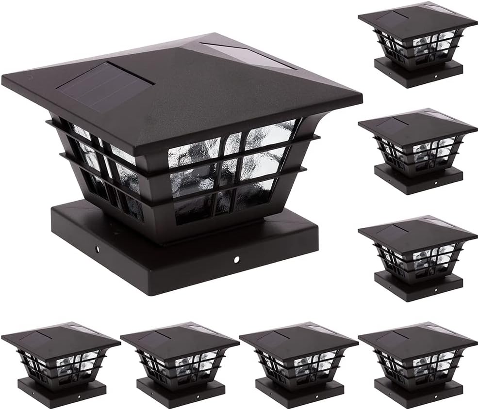 GreenLighting Cape Cod Fence Solar Lights - Black Solar Post Cap Lights fit 5x5 Vinyl PVC Wood - Solar Deck Post Lights 4x4 - Solar Post Lights Outdoor Waterproof (Black, 8 Pack)