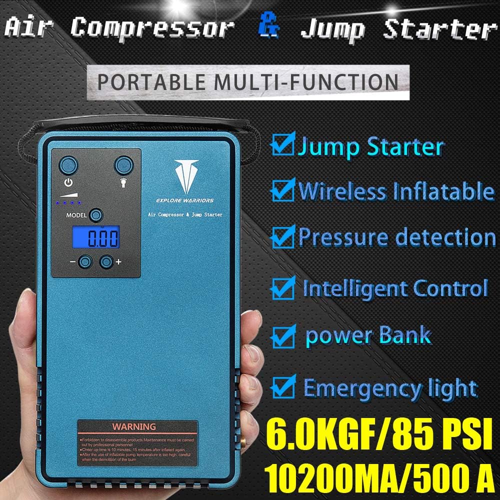 Explore Warriors Jump Starter with Air Compressor Mobile Power Support Automatic Tire Inflator Portable Air Compressor Digital Pressure Gauge 10200Ma Capacity 500A Peak Current Car Battery