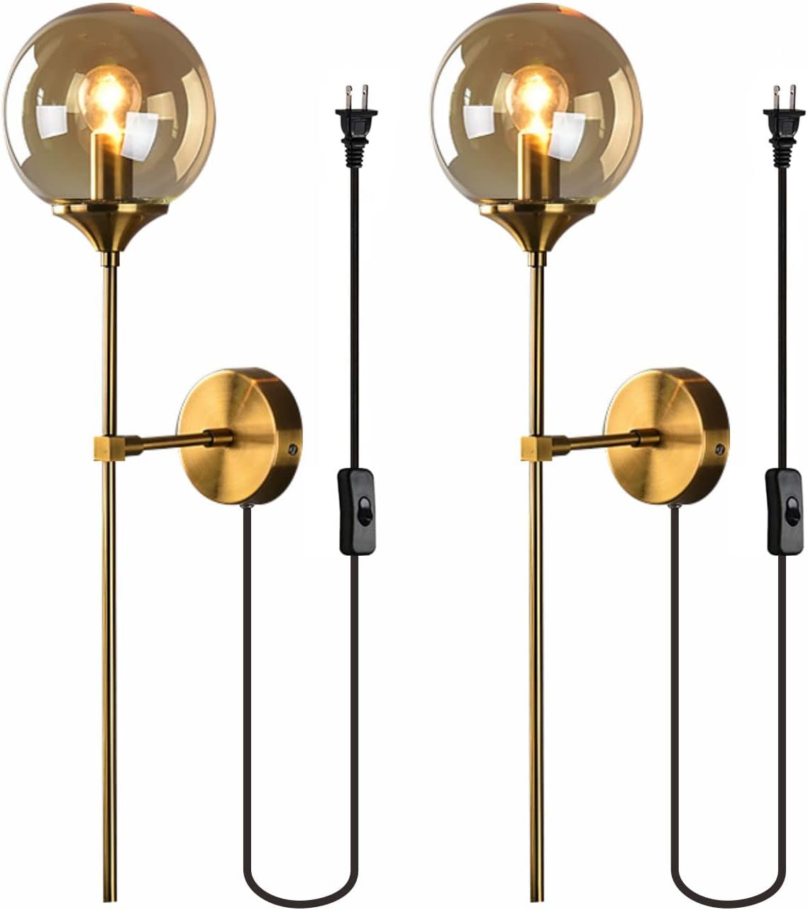 BOKT Postmodern Smoke Gray Glass Globe Wall Lamps Nordic Interior Decoration Lighting Fixtures Industrial Style Gold Plug in Wall Sconce 2 Pack for Bathroom Laundry Children's Room (Smoky Grey)