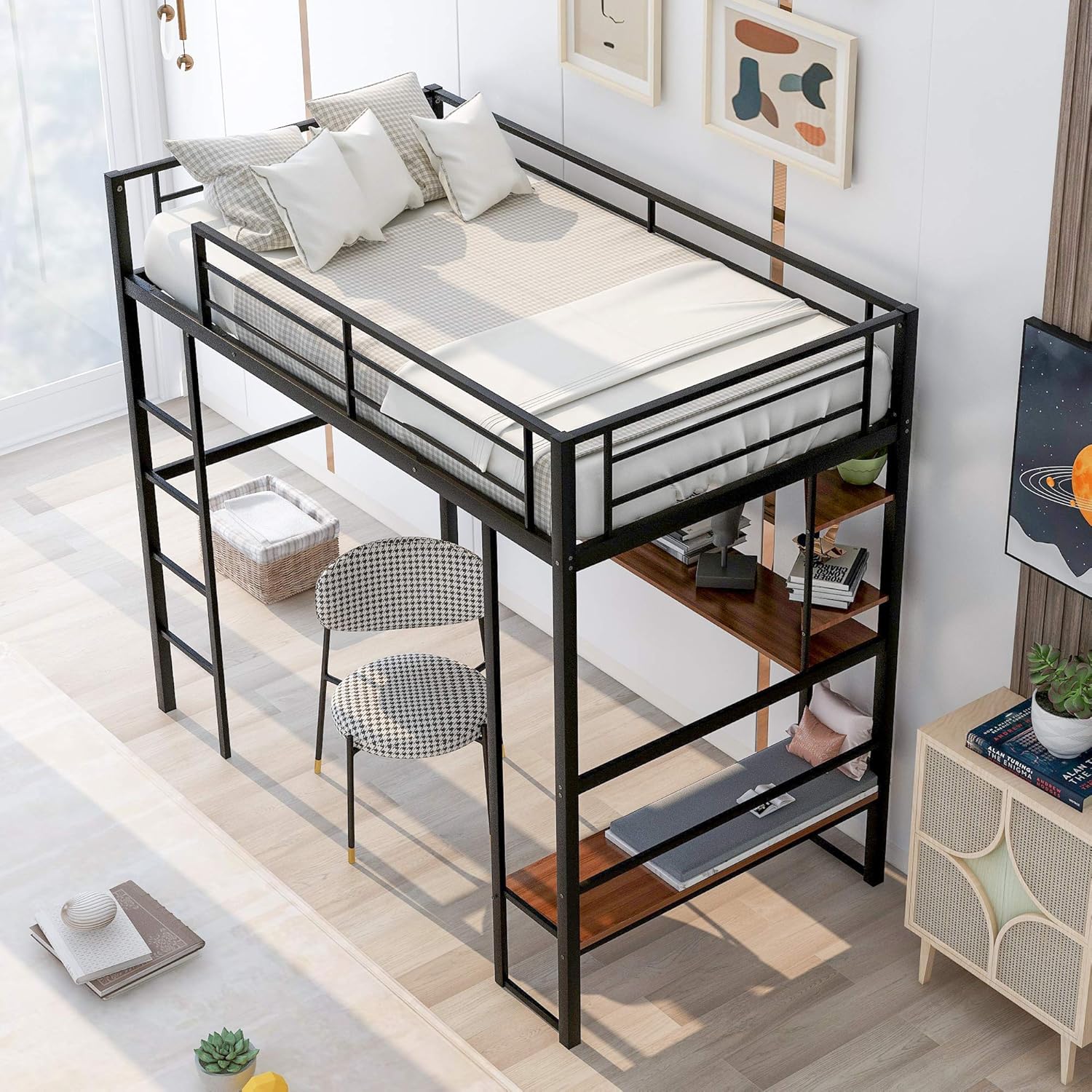 Metal Twin Loft Bed with Desk and Shelf, Space-Saving Bed Frame with Ladders and Safety Guard Rails