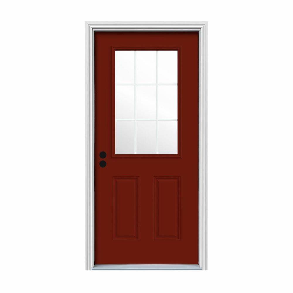 JELD-WEN 34 in. x 80 in. 9 Lite Mesa Red Painted Steel Prehung Right-Hand Inswing Back Door w/Brickmould