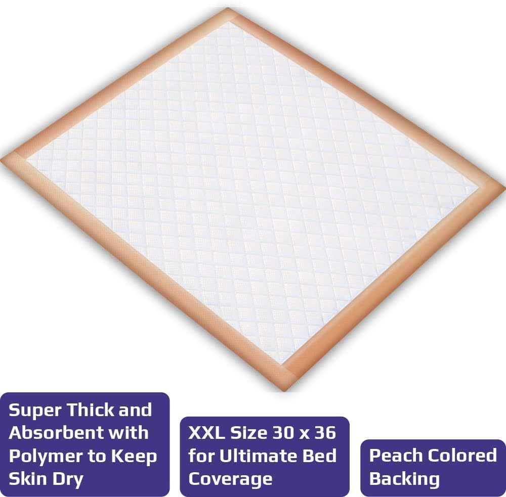 Healthy Spirit Ultra Absorbency Disposable Underpads Extra Thick Fluff with Polymer XL Size 30 X 36, Peach, 50Count Pack of 2