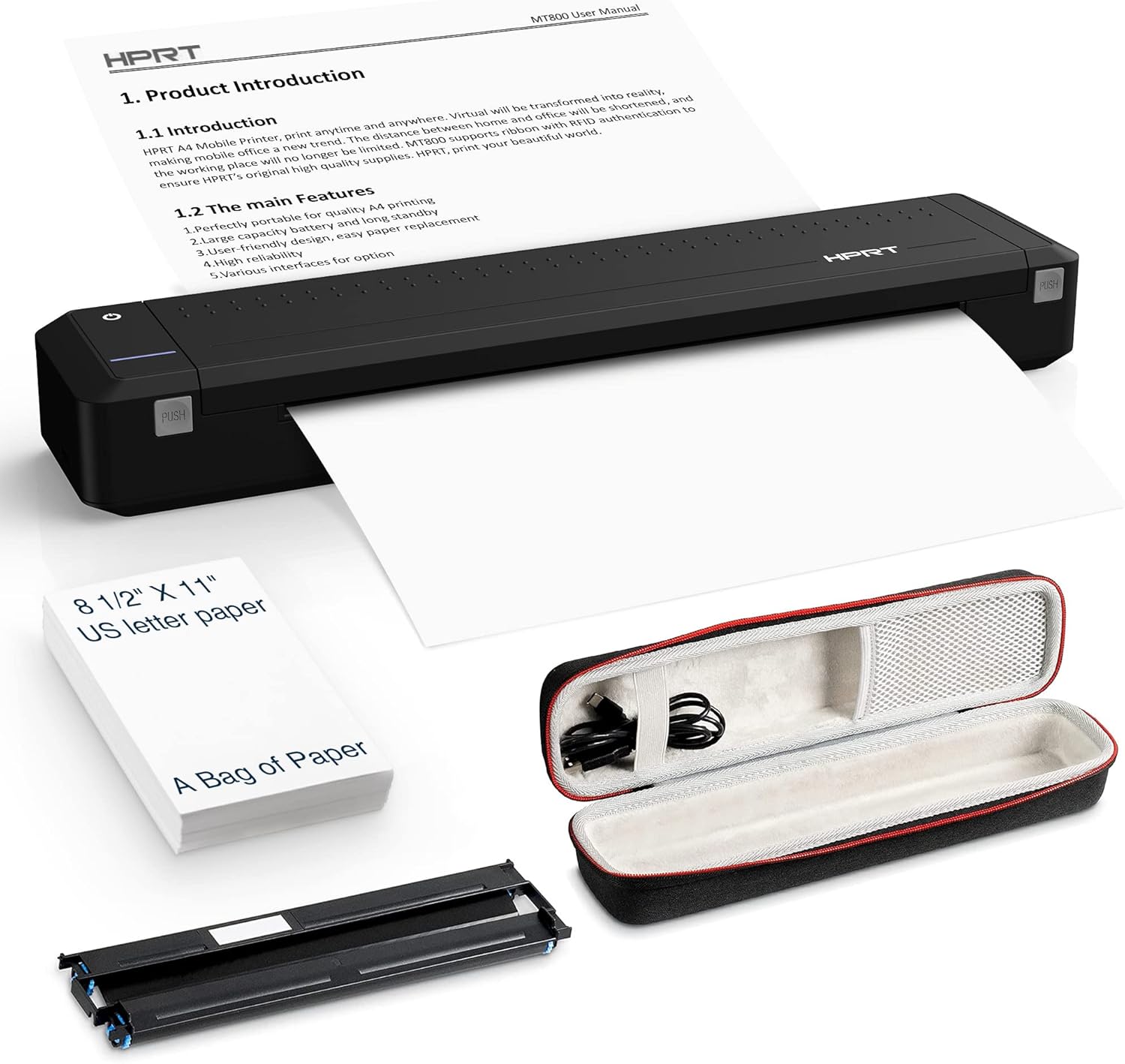 HPRT Wireless Bluetooth Portable Printer+Case+Ribbon 3 in 1 by Thermal Transfer MT800 for Outdoor Traveling Printer Compatible with Android and iOS Phone 2nd Generation Upgrade Version (Black)