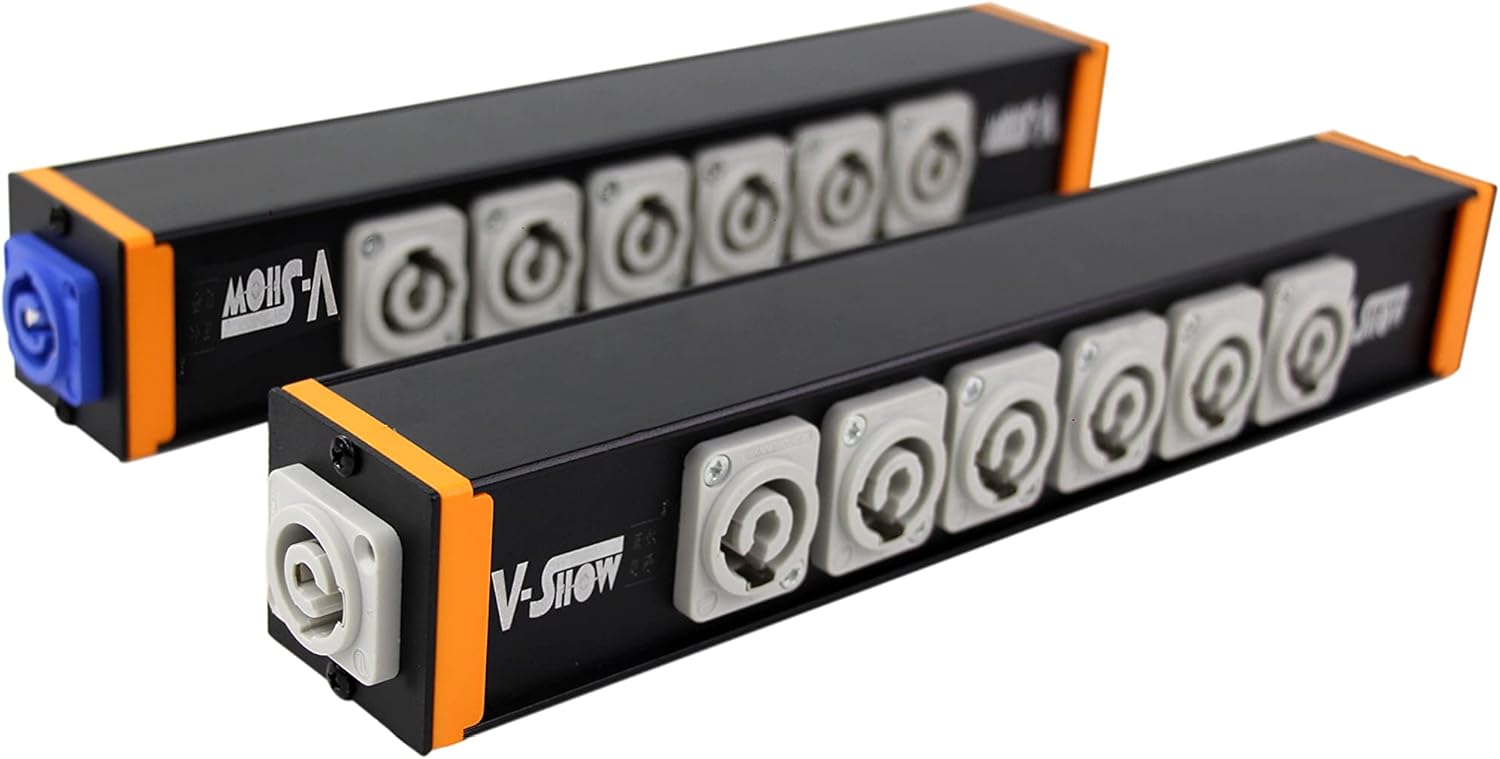 V-Show 6 Port Powercon Power Distribution Output Box, Black Stage Light Accessory Pack of 2