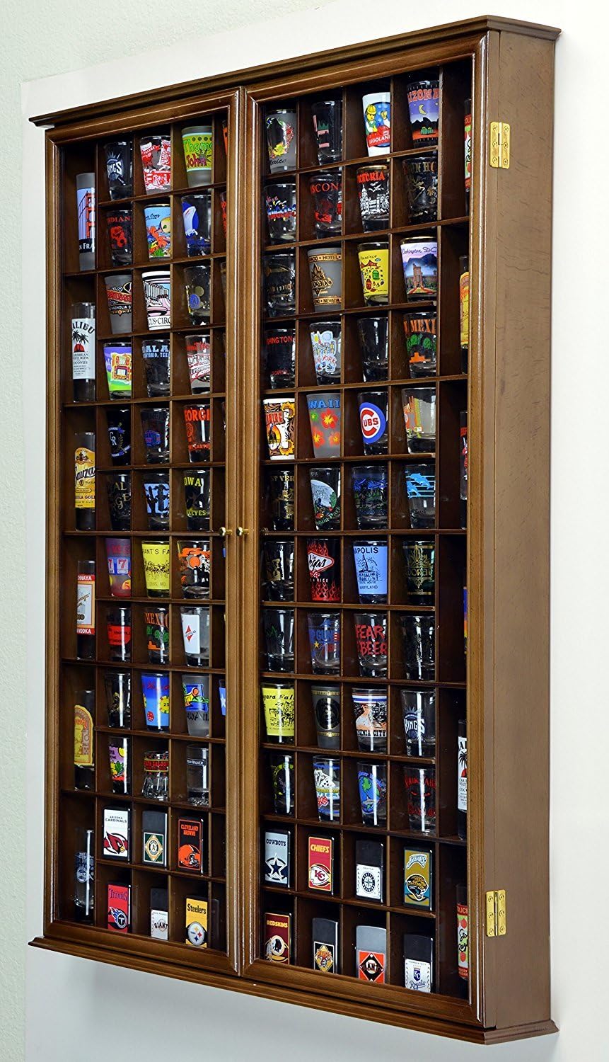 108 Shot Glass Shotglass Shooter Display Case Holder Cabinet Wall Rack 98% UV Lockable Door -Walnut