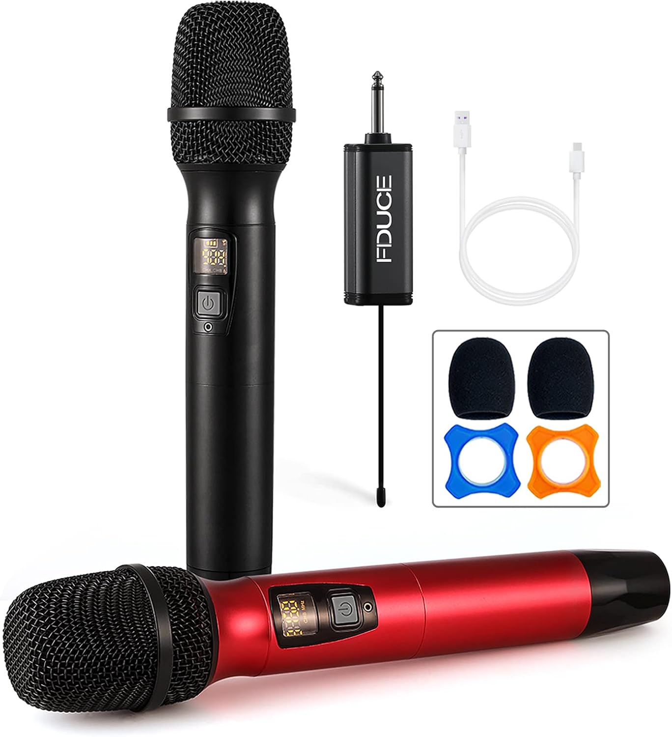 Wireless Microphone, Karaoke Mic, FDUCE UHF Dual Handheld Dynamic System with Rechargeable Receiver for Party, Church, Meeting, Wedding, 260ft (Grey and Gold) Pack of 2