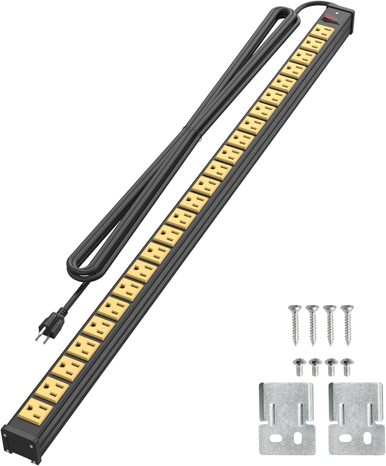 Metal Power Strip 24 Outlets, Heavy Duty Surge Protector Power Strip with 15 FT Long Extension Cord, Wall Mount Power Strip for Office, School, Workbench, Garage (Black) Pack of 2