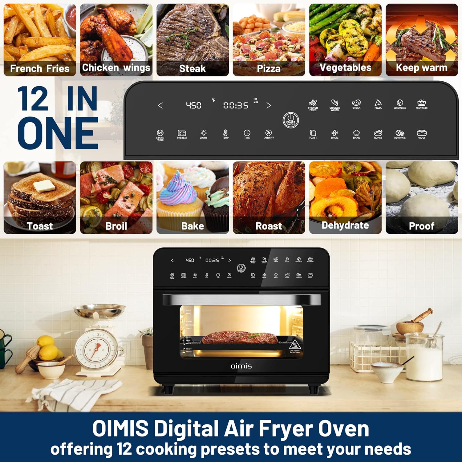 OIMIS Toaster Ovens Countertop,26.5QT,Large Oven Air Fryer Combo,12-in-1 Programmable LED Touchscreen,Recipes & Accessories Included,ETL Certified,1800W,Black