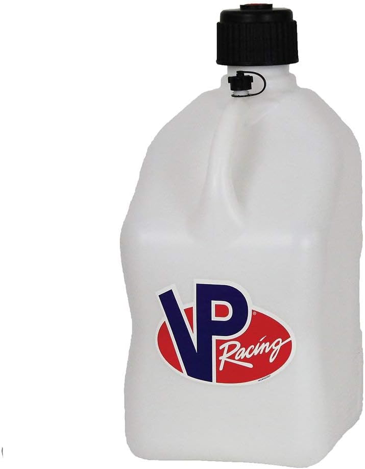 VP Racing 5-Gallon Motorsport Racing Liquid Fuel Jug Utility Can Container and Deluxe 14-Inch Hose with Hose Cap and Rubber Gasket, White Pack of 2