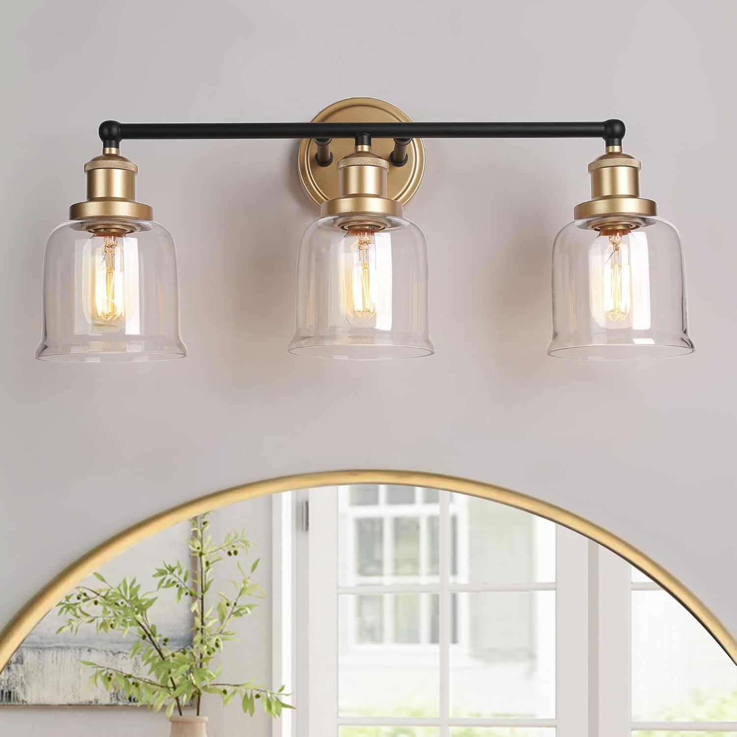 Durent Lighting Modern Bathroom Light Fixtures, 3-Light Black and Gold Bathroom Vanity Light Fixtures with Clear Glass Shades,21.5