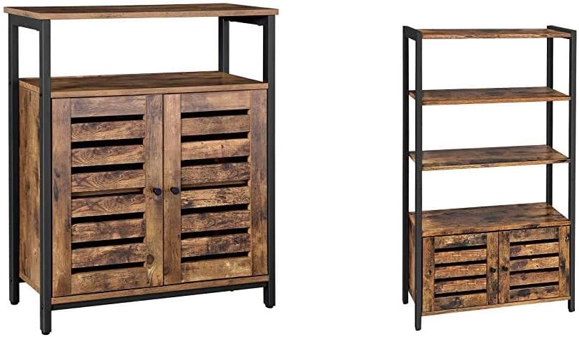 VASAGLE Lowell Bookshelf, Storage Cabinet with 3 Shelves and 2 Louvered Doors, Rustic Brown ULSC75BX & Lowell Storage Cabinet, Cupboard, Multipurpose Cabinet, Rustic Brown and Black ULSC74BX