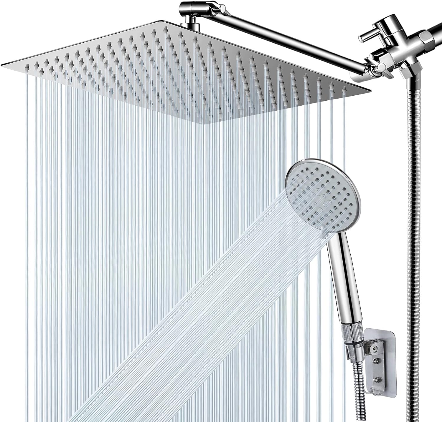 Shower Head, NERDON 12'' High Pressure Rainfall Shower Head Handheld Combo 5 Settings with 15'' Brass Height/Angle Adjustable Extension Arm 60