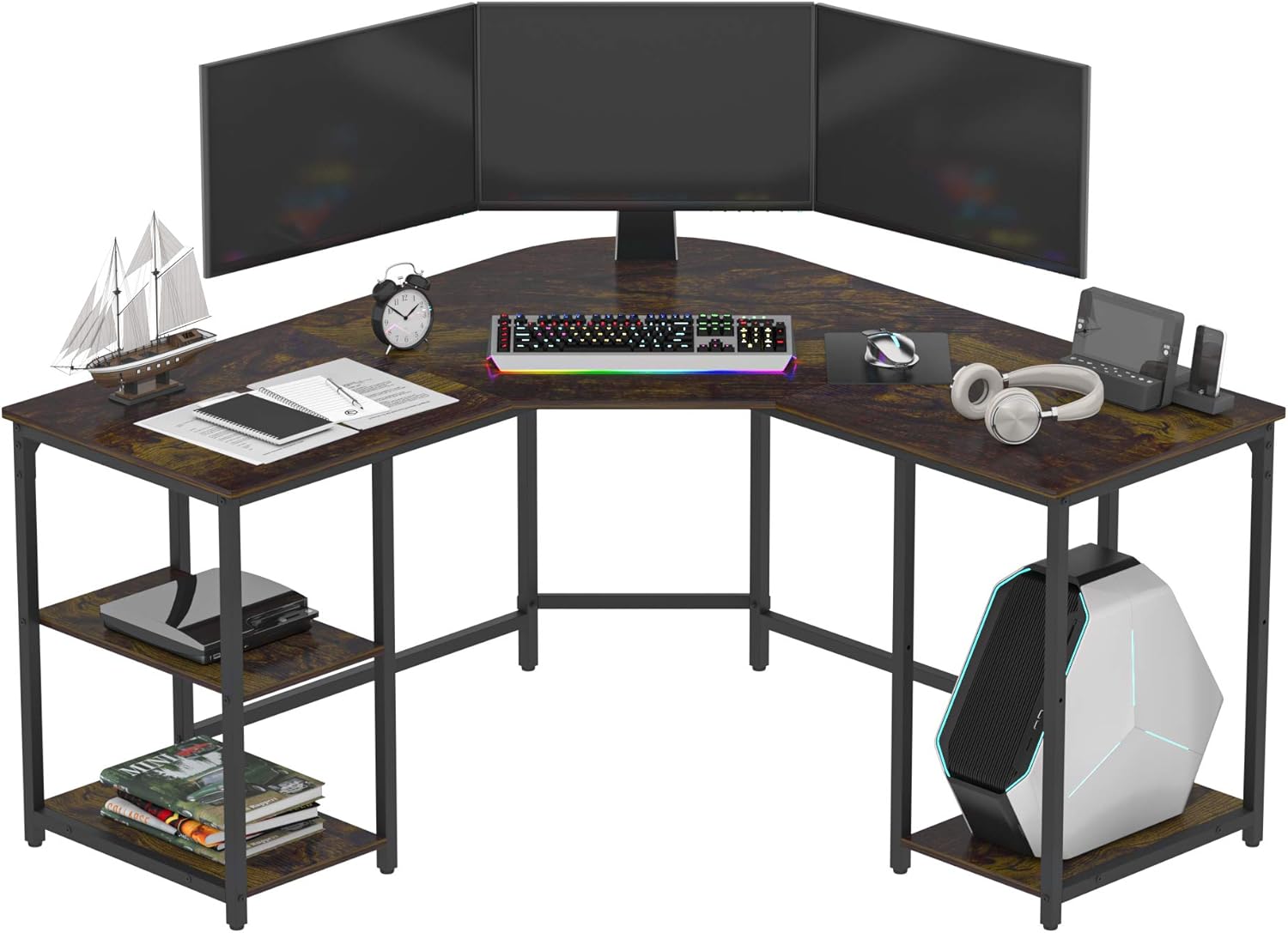 Earthsign L-Shaped Home Office Desk with Four Shelves Storage, Spacious Corner Computer Desk for Working from Home, Workstation, Gaming, 56.96 Inch, Round Corner, with Wood Top