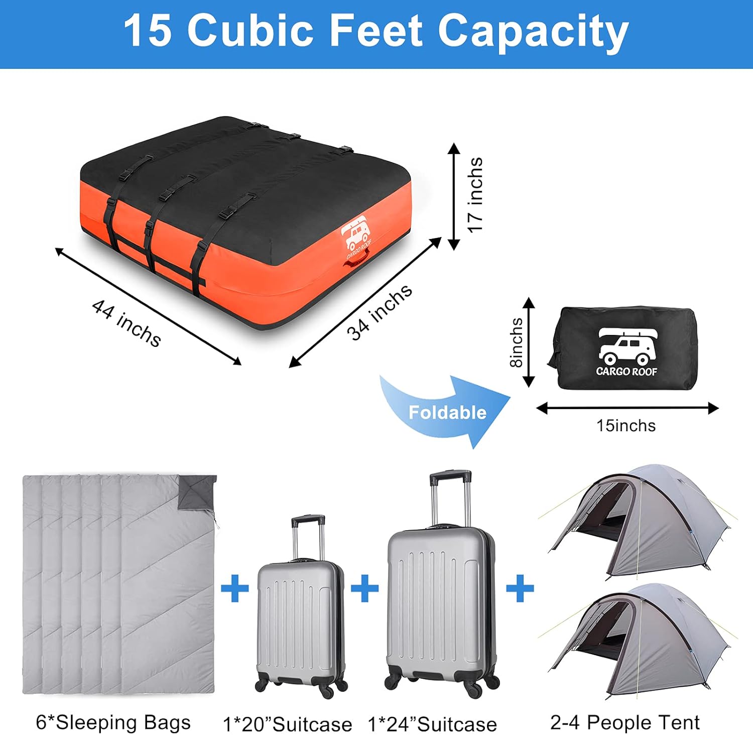 Car Roof Bag, Rooftop Cargo Carrier Bag, 21 Cubic Feet, Made of 100% Waterproof Anti-Tear 900D PVC for All Vehicle with/Without Rack, Includes Anti-Slip Mat, 6 Door Hooks, Storage Bag