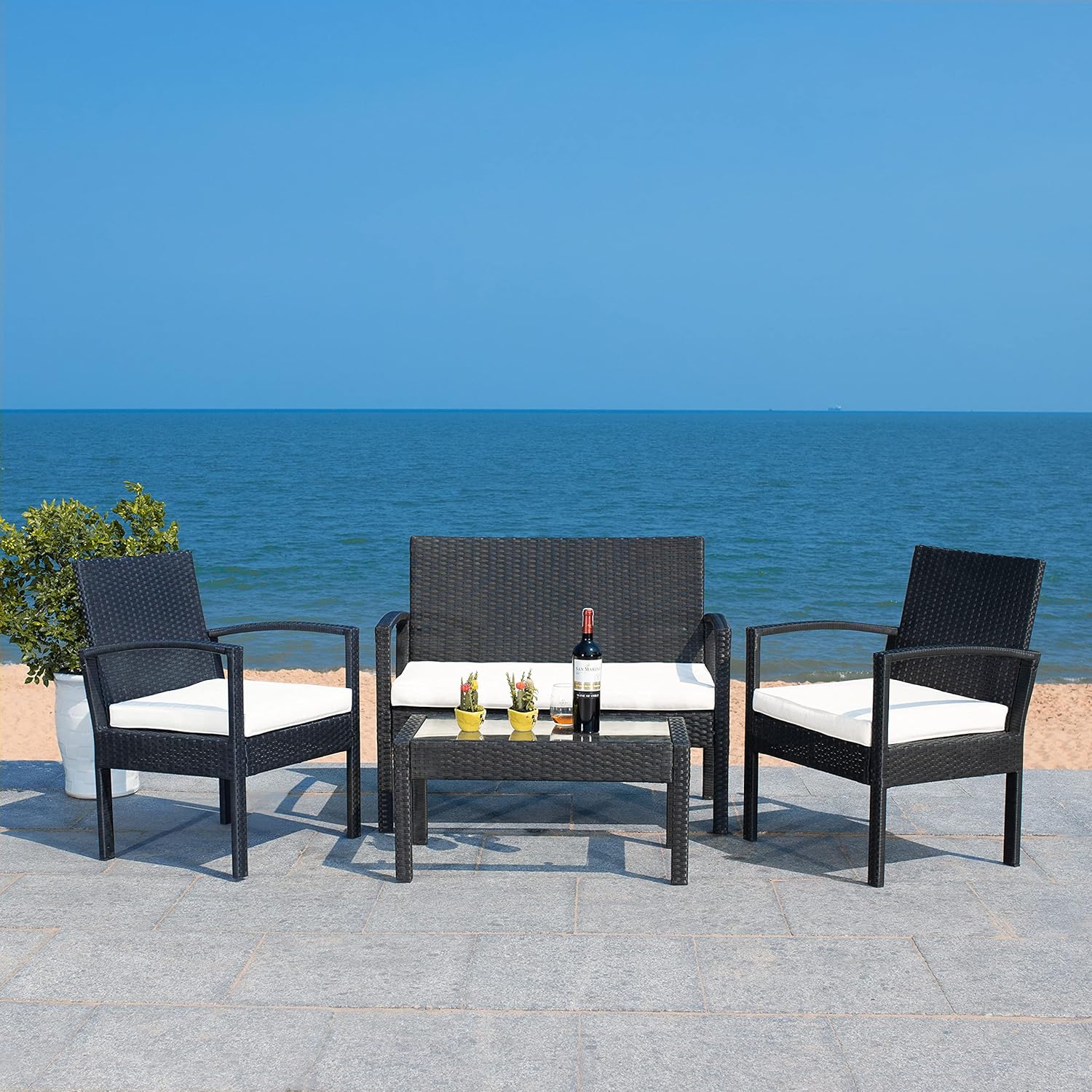 Safavieh PAT7507A Collection Bassey Black and Beige 4-Piece Outdoor Living Patio Set
