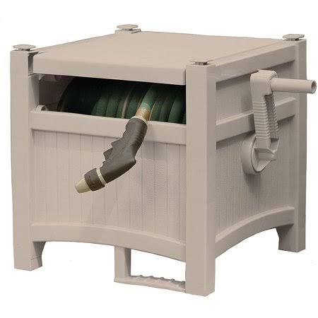 Suncast Resin Outdoor Hideaway 100 ft Durable Storage Reel with Crank Handle and Lid 100' Hose Capacity, Taupe, Durable: Sturdy