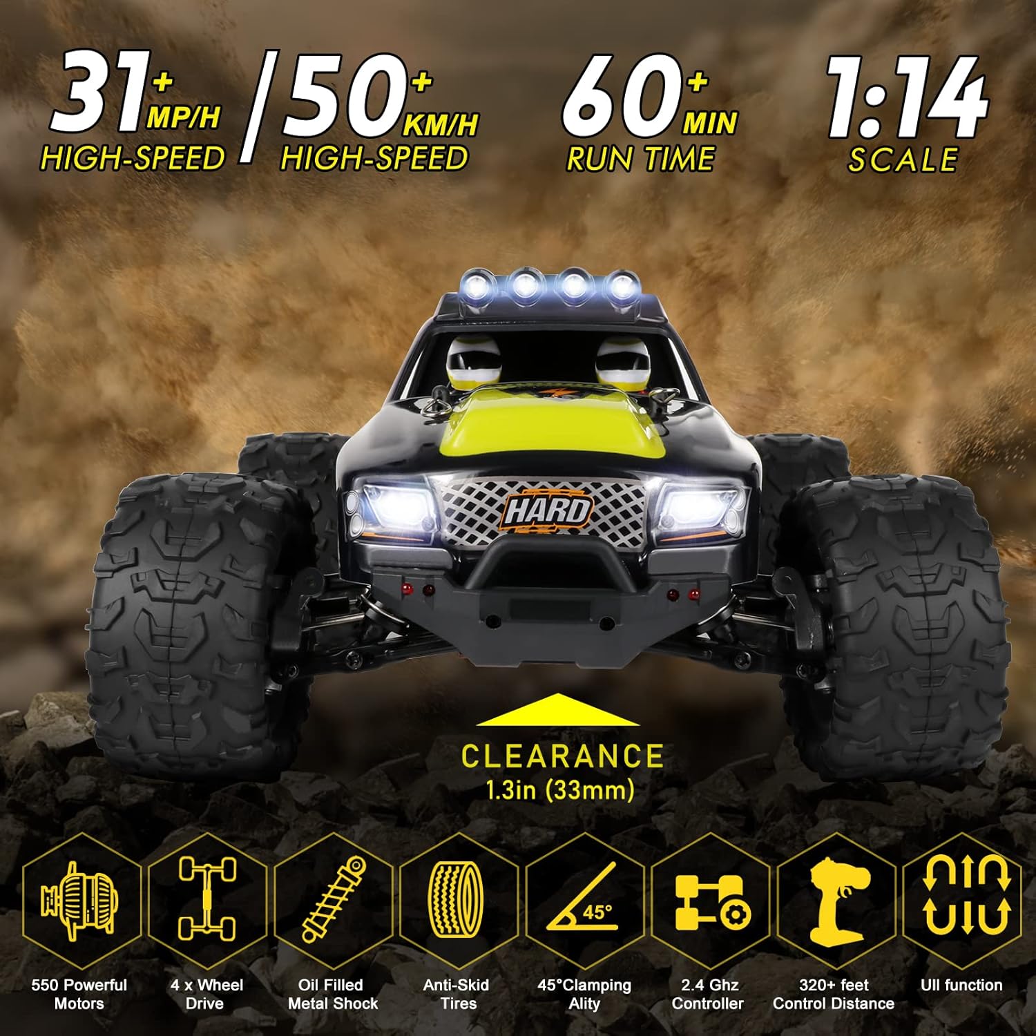1:14 Scale Fast Remote Control Car for Adults-4WD RC Car Adjustable High Speed 50+km/h-All Terrain RC Monster Truck with 550 Motor & 3 x High Capacity Batteries for 60 mins Play